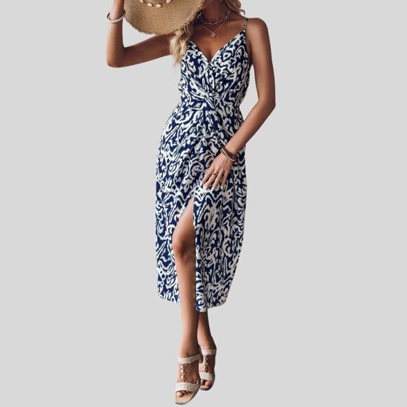 By Design Dresses & Skirts - Printed Twisted Design Split Thigh Cami Dress Blue